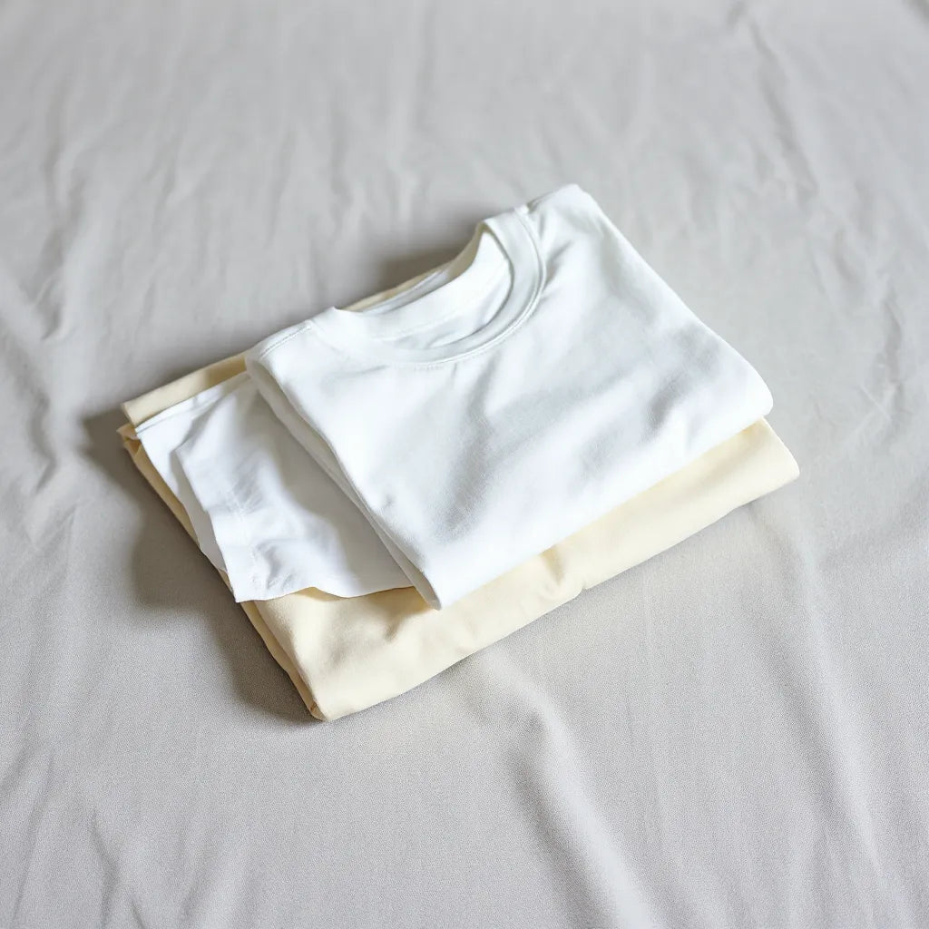 Neatly folded premium cotton t-shirts in neutral tones with visible soft fabric texture