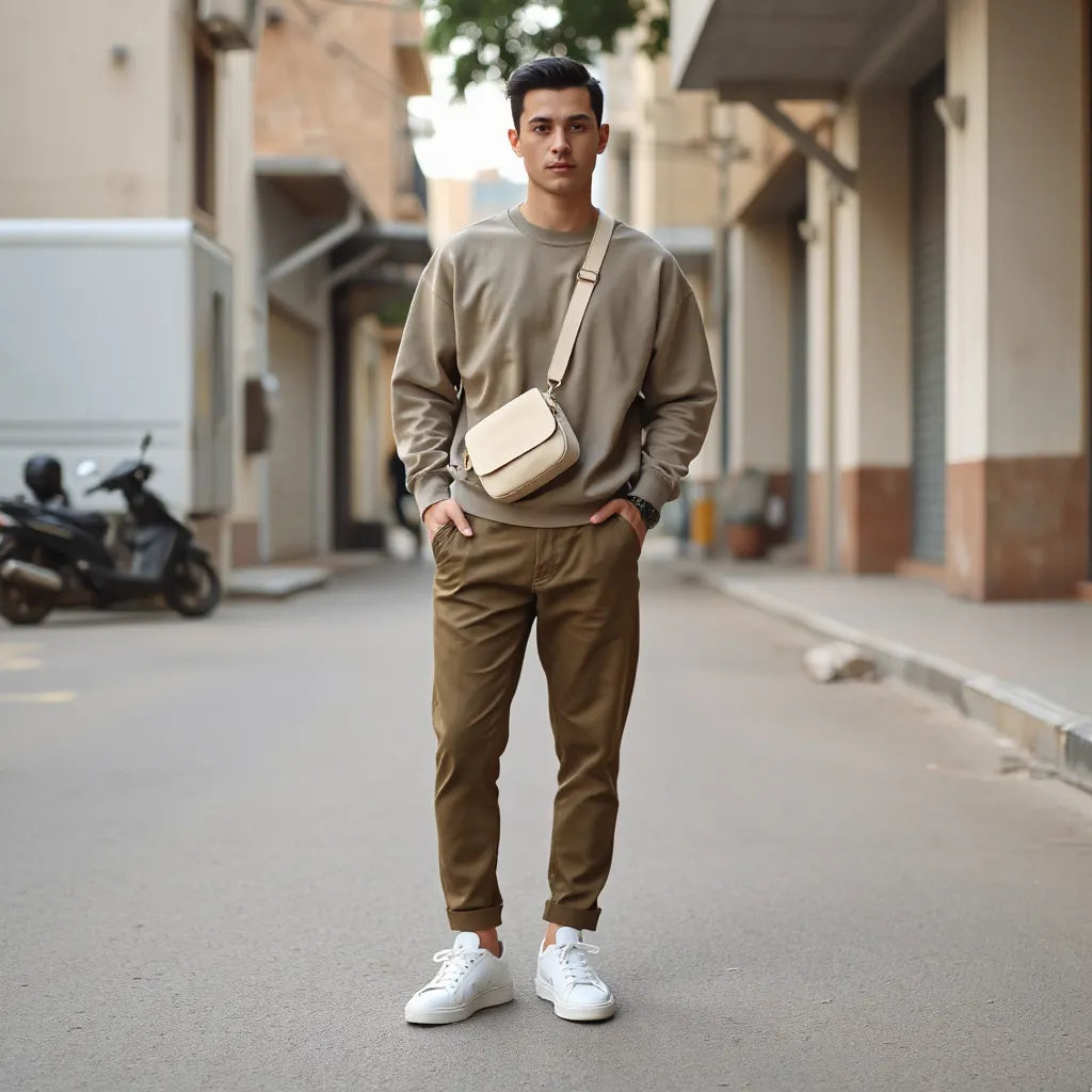 Minimalist streetwear look with neutral sweatshirt, tapered pants, and white sneakers in a quiet urban street setting