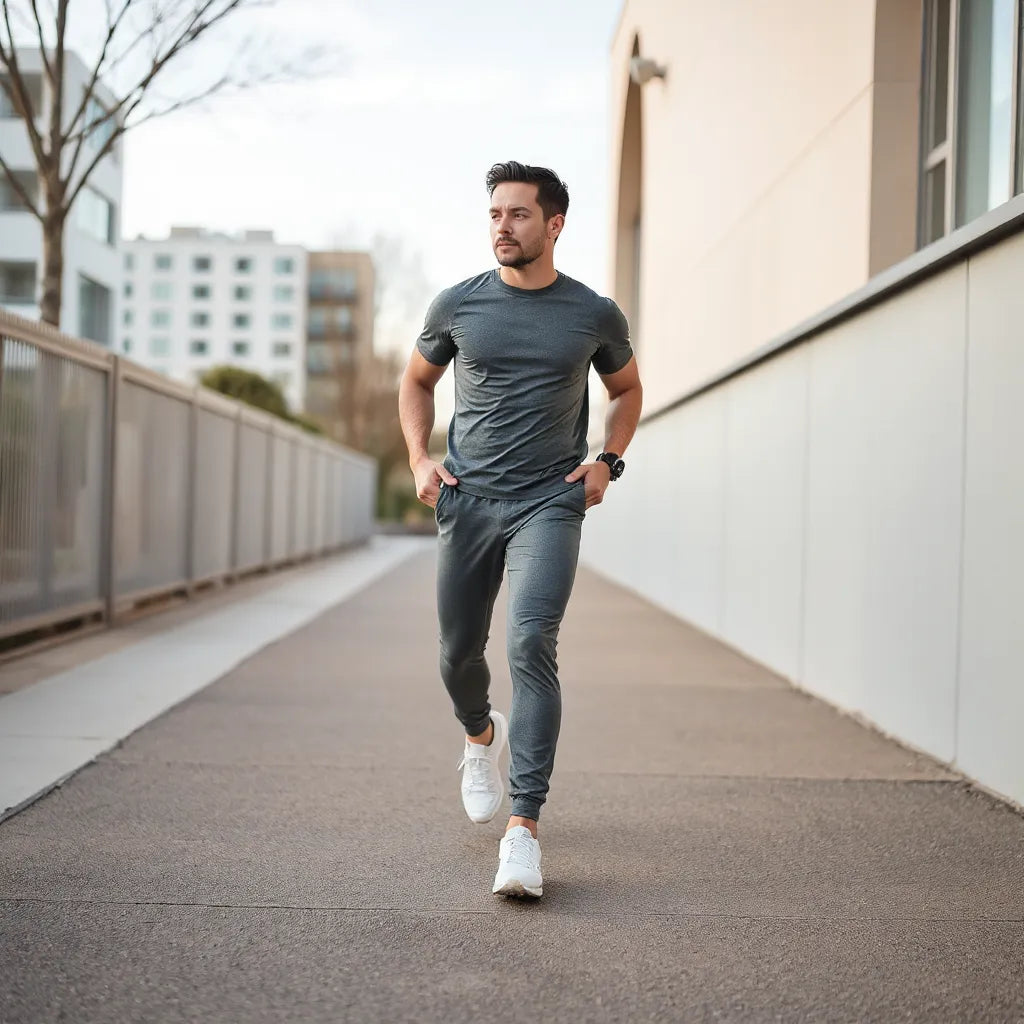 Man in breathable active wear running outdoors, showing athletic fit and fabric texture
