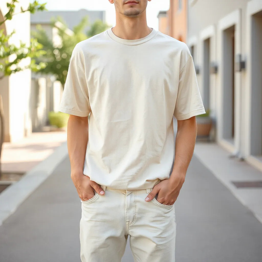 Plain casual t-shirt styled with light jeans outdoors in bright natural sunlight