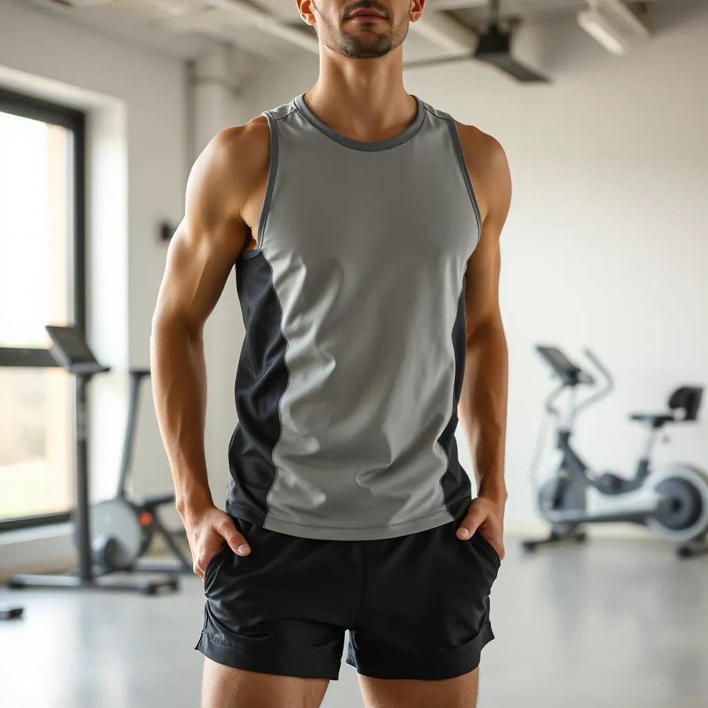 Person in sleeveless athletic tank and shorts stretching in a bright, minimal gym setting