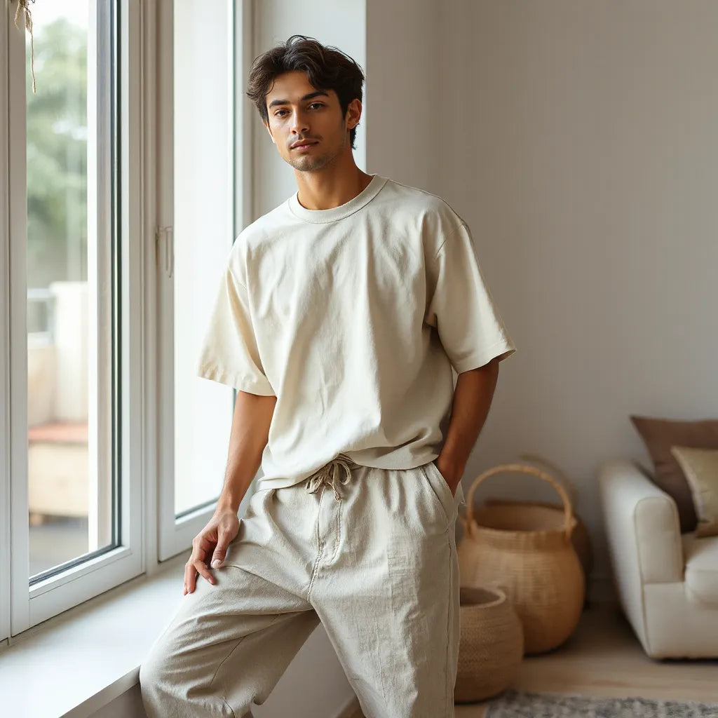 Model wearing an oversized plain t-shirt with relaxed drape in soft daylight