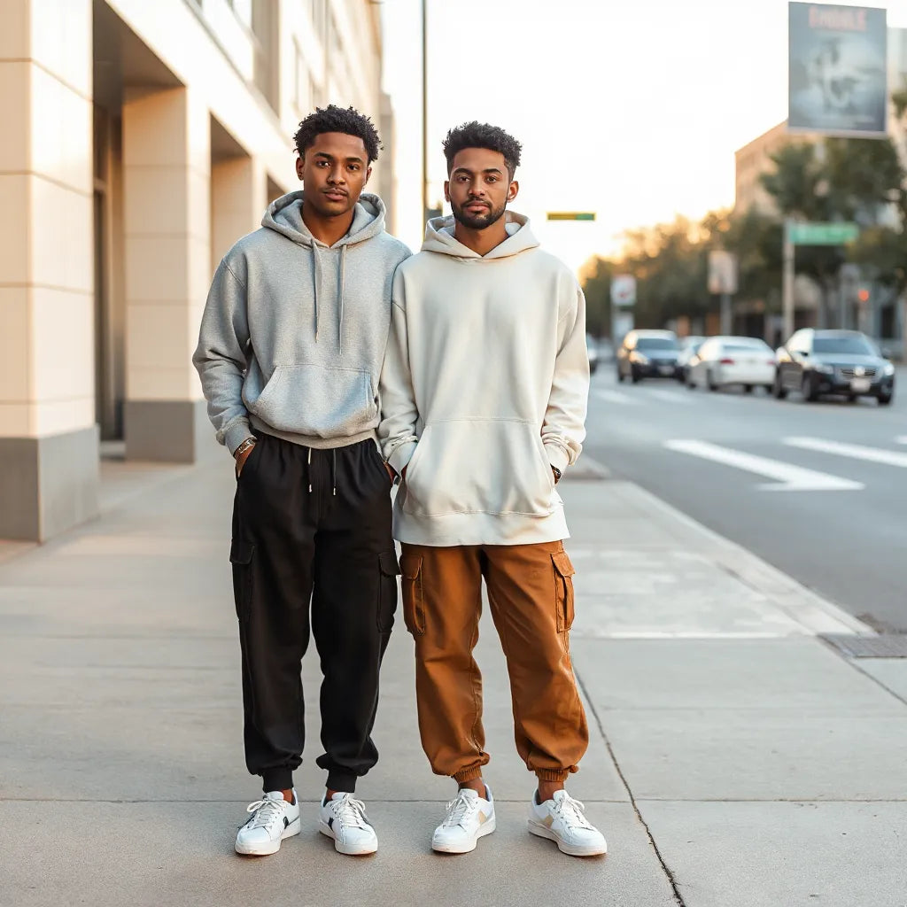 Two people in modern streetwear outfits standing on a city sidewalk in warm light