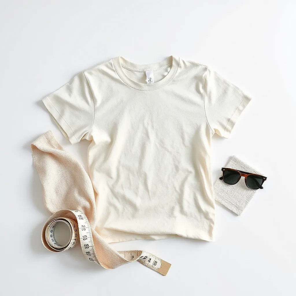 Lightweight t-shirt with fabric swatch and measuring tape on a clean, bright background