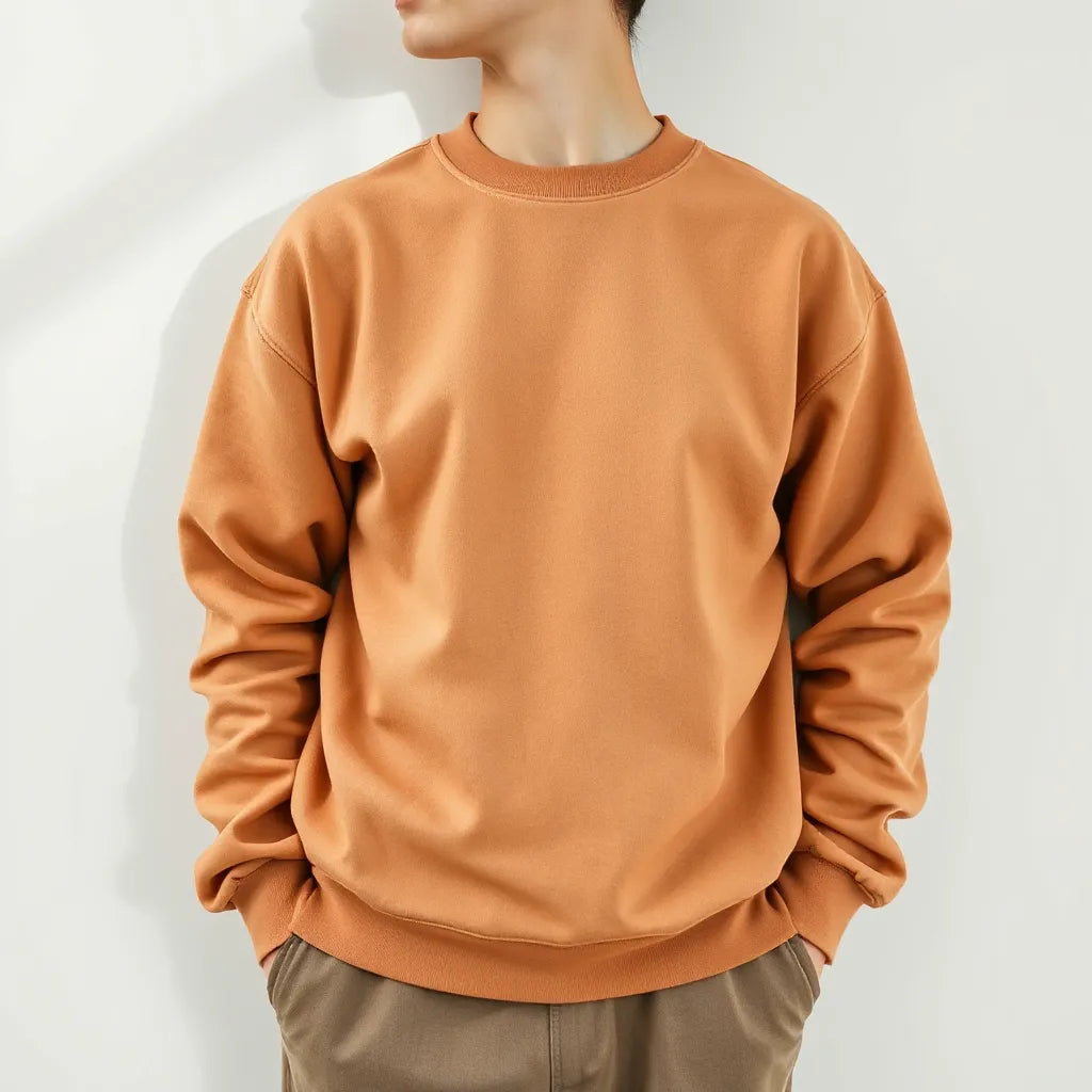 Model wearing a soft sweatshirt with two folded sweatshirts nearby on a neutral background