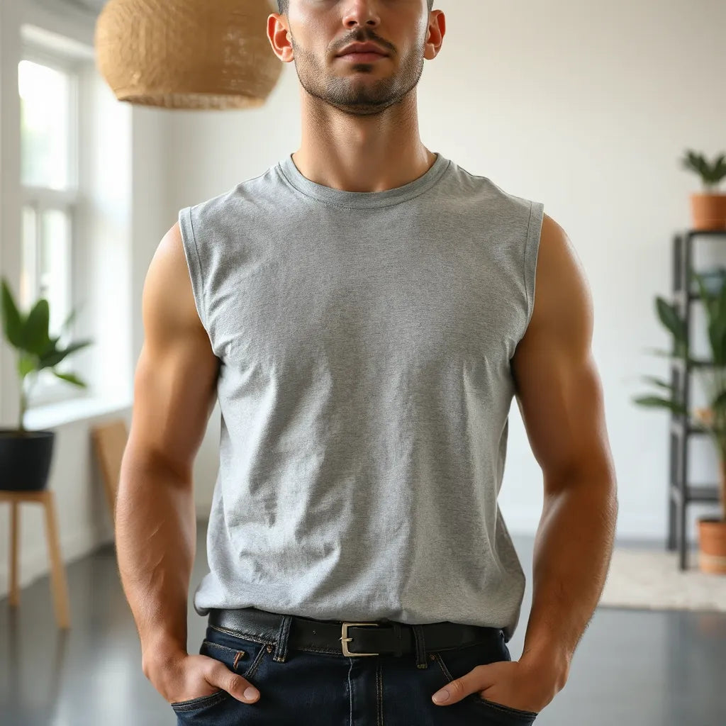 Model wearing a fitted men's sleeveless t-shirt in a bright, minimal casual setting