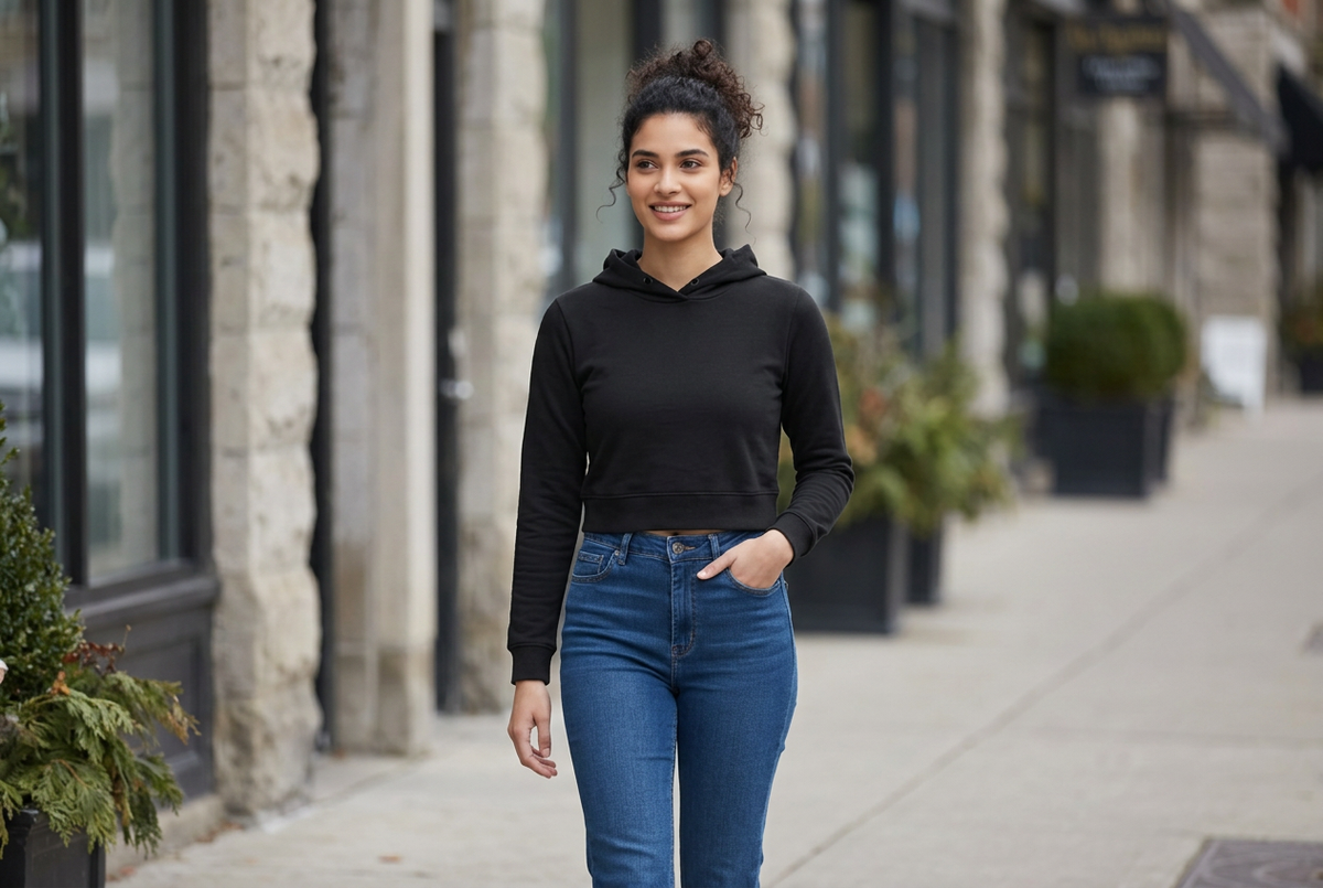 How to Style a Cropped Hoodie With High-Waisted Bottoms