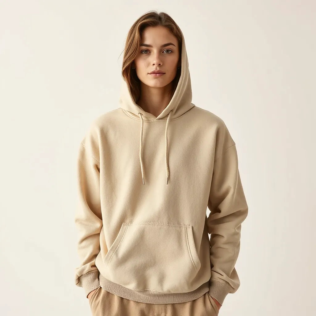 Model in a solid embroidered hoodie with visible chest and sleeve embroidery in a minimal studio setting