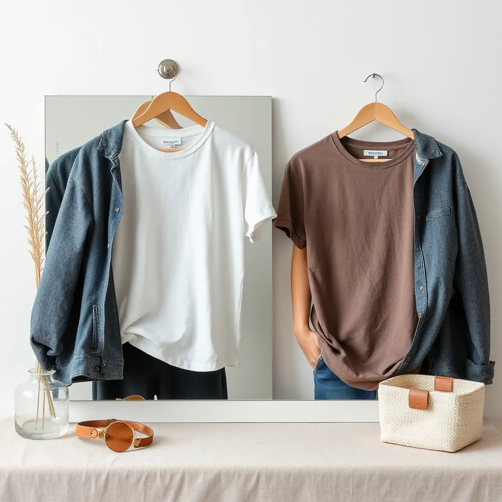 Person checking a plain crewneck tshirt fit in a mirror, focusing on neckline, sleeves, and drape