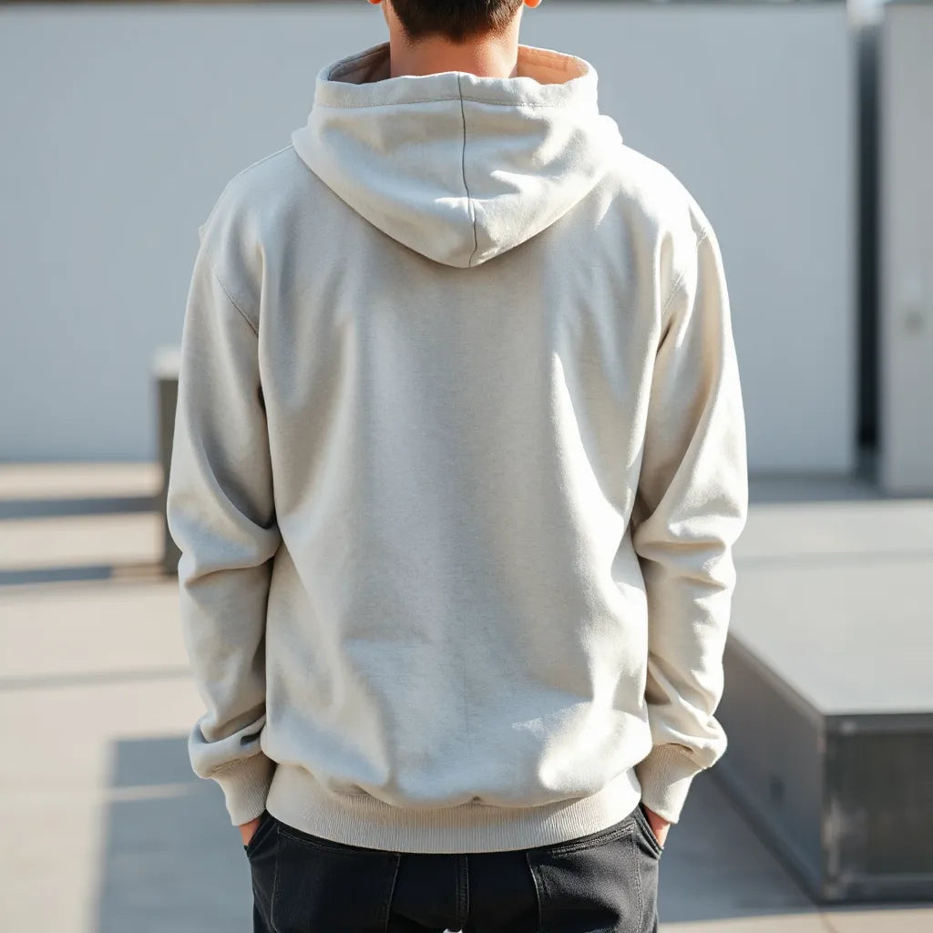 Person in a neutral hoodie with hood and sleeves clearly visible in natural light outdoors