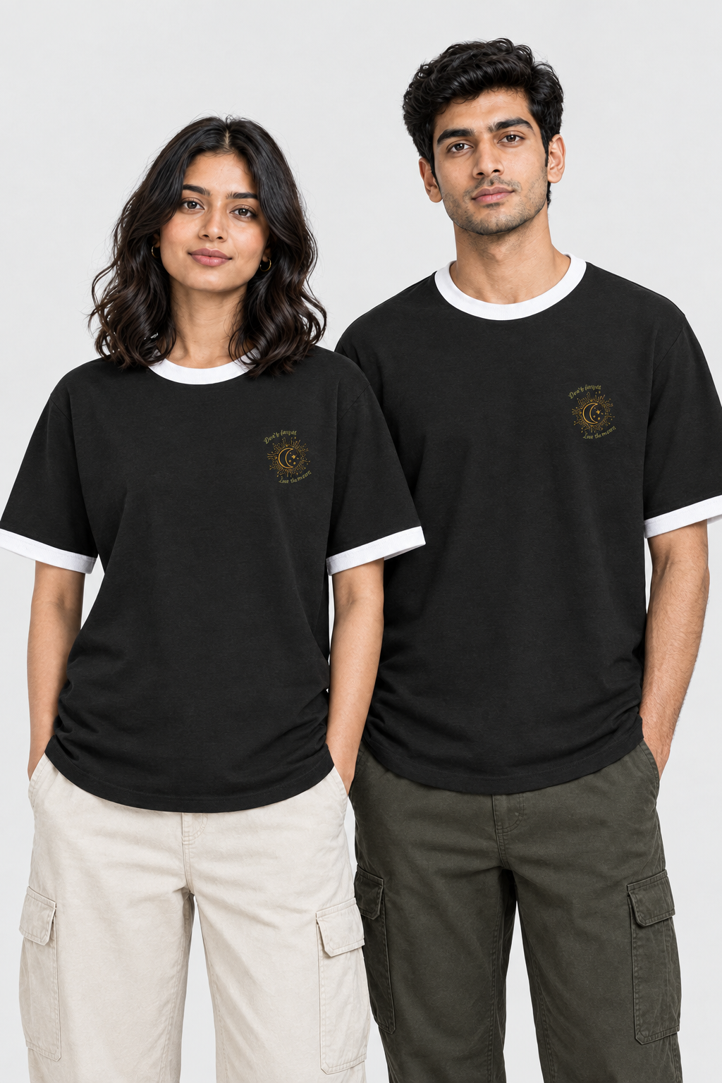 Unisex Ringer-T-Shirt – Stickerei: Sonne & Mond