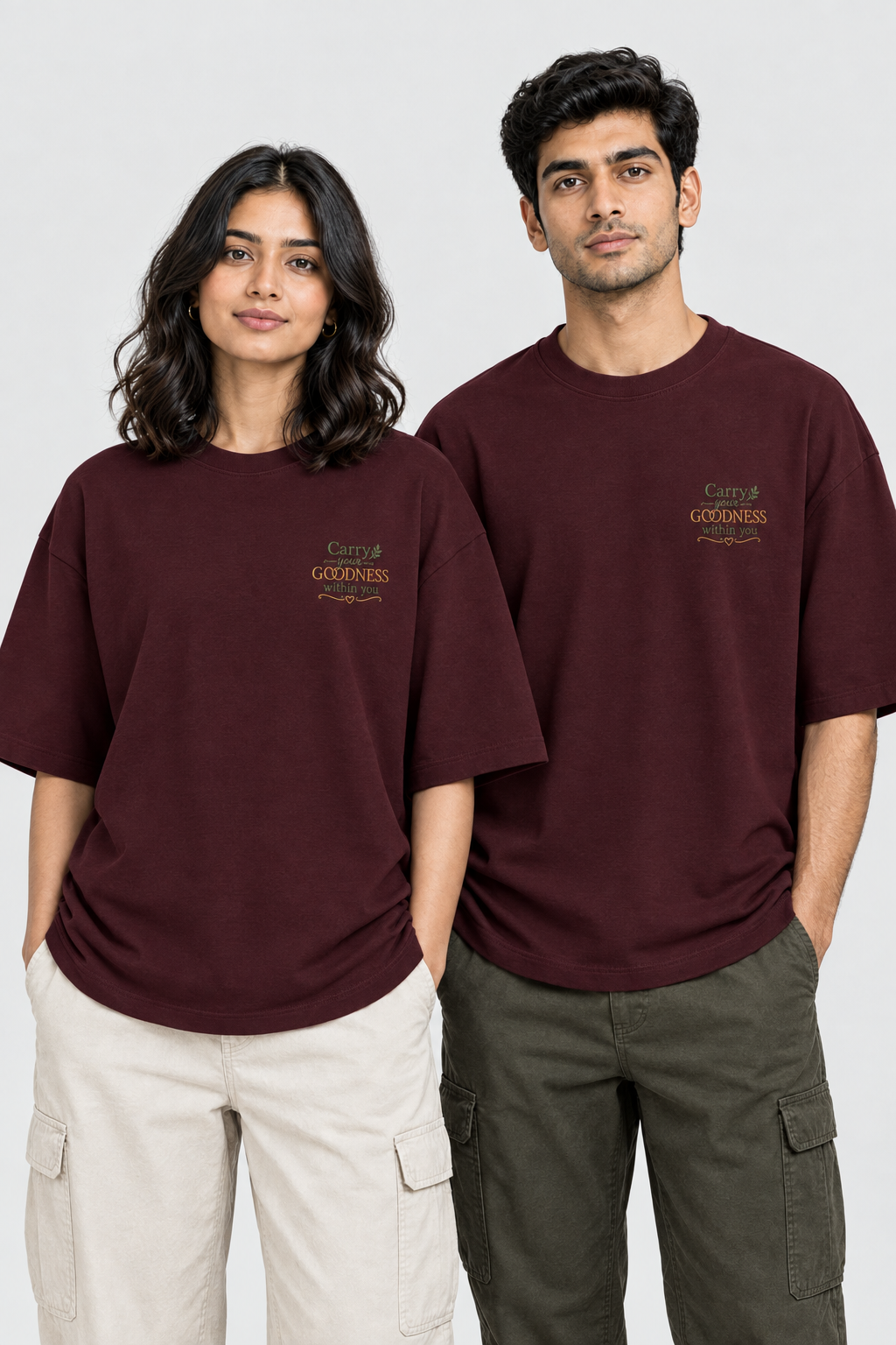 Unisex Frottee Oversized T-Shirt - Stickerei: Trage Deine Güte mit Dir