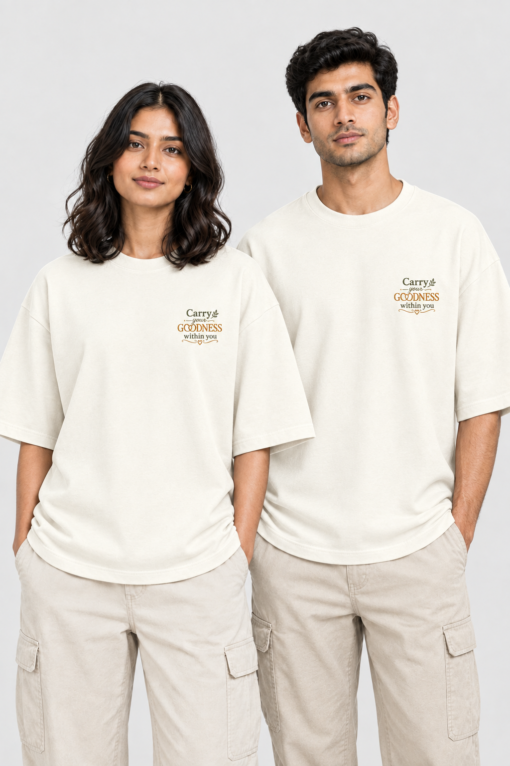 Unisex Frottee Oversized T-Shirt - Stickerei: Trage Deine Güte mit Dir