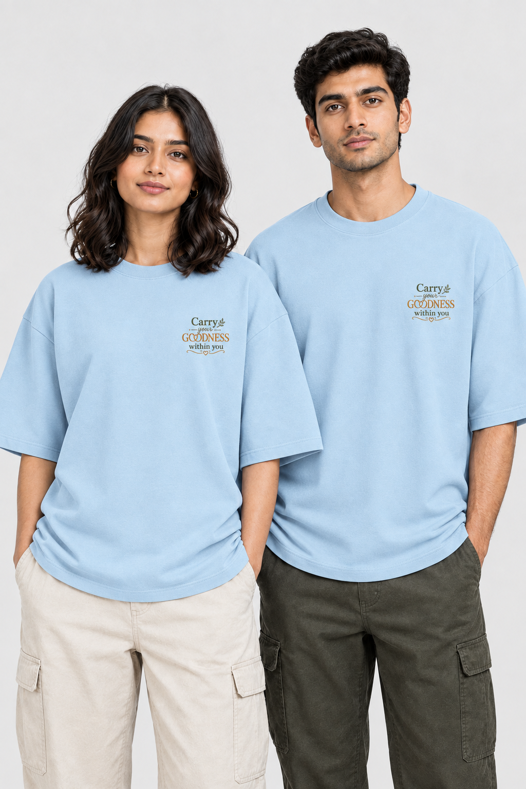 Unisex Frottee Oversized T-Shirt - Stickerei: Trage Deine Güte mit Dir