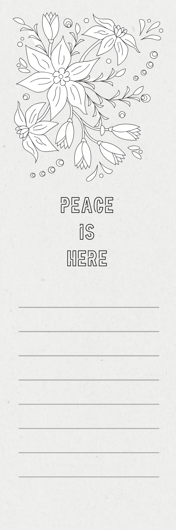 Notebook page with floral design and 'Peace is Here' text on a light gray background