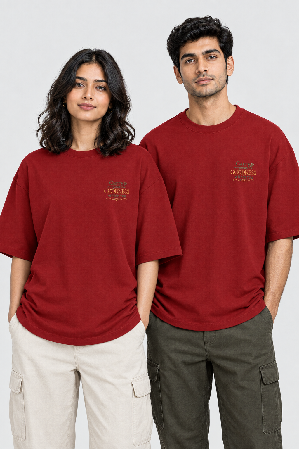 Unisex Frottee Oversized T-Shirt - Stickerei: Trage Deine Güte mit Dir
