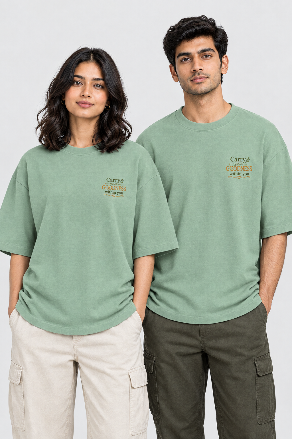 Unisex Frottee Oversized T-Shirt - Stickerei: Trage Deine Güte mit Dir
