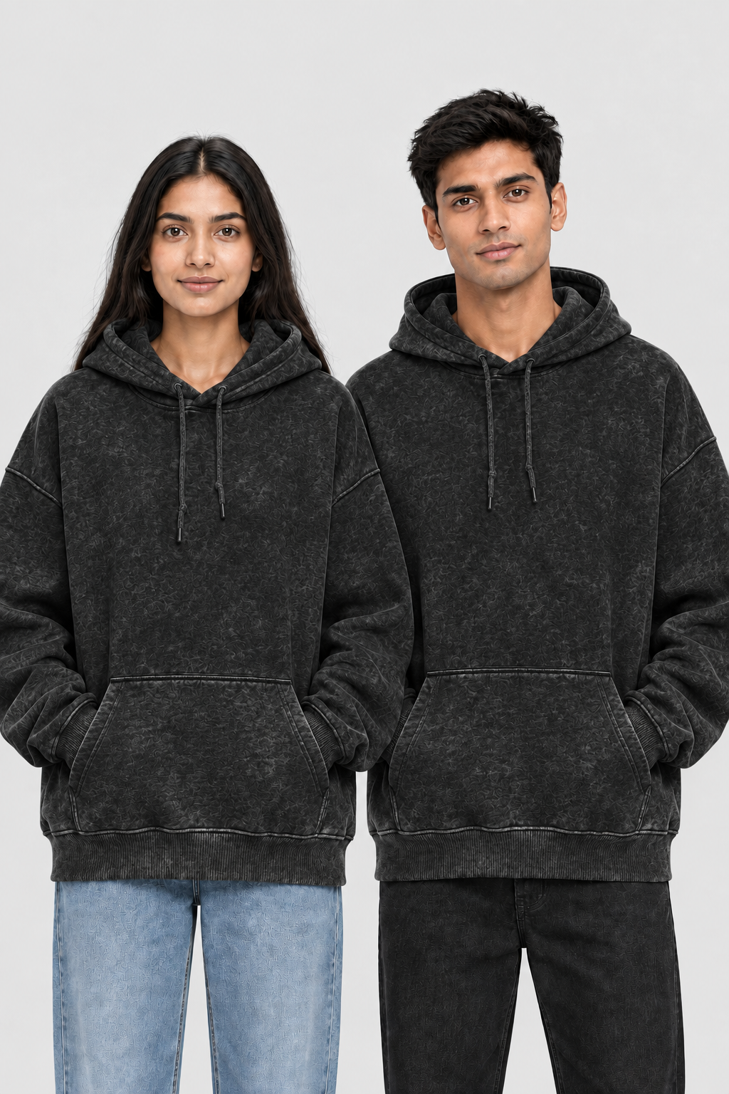 Black acid-wash hoodie, combined front view