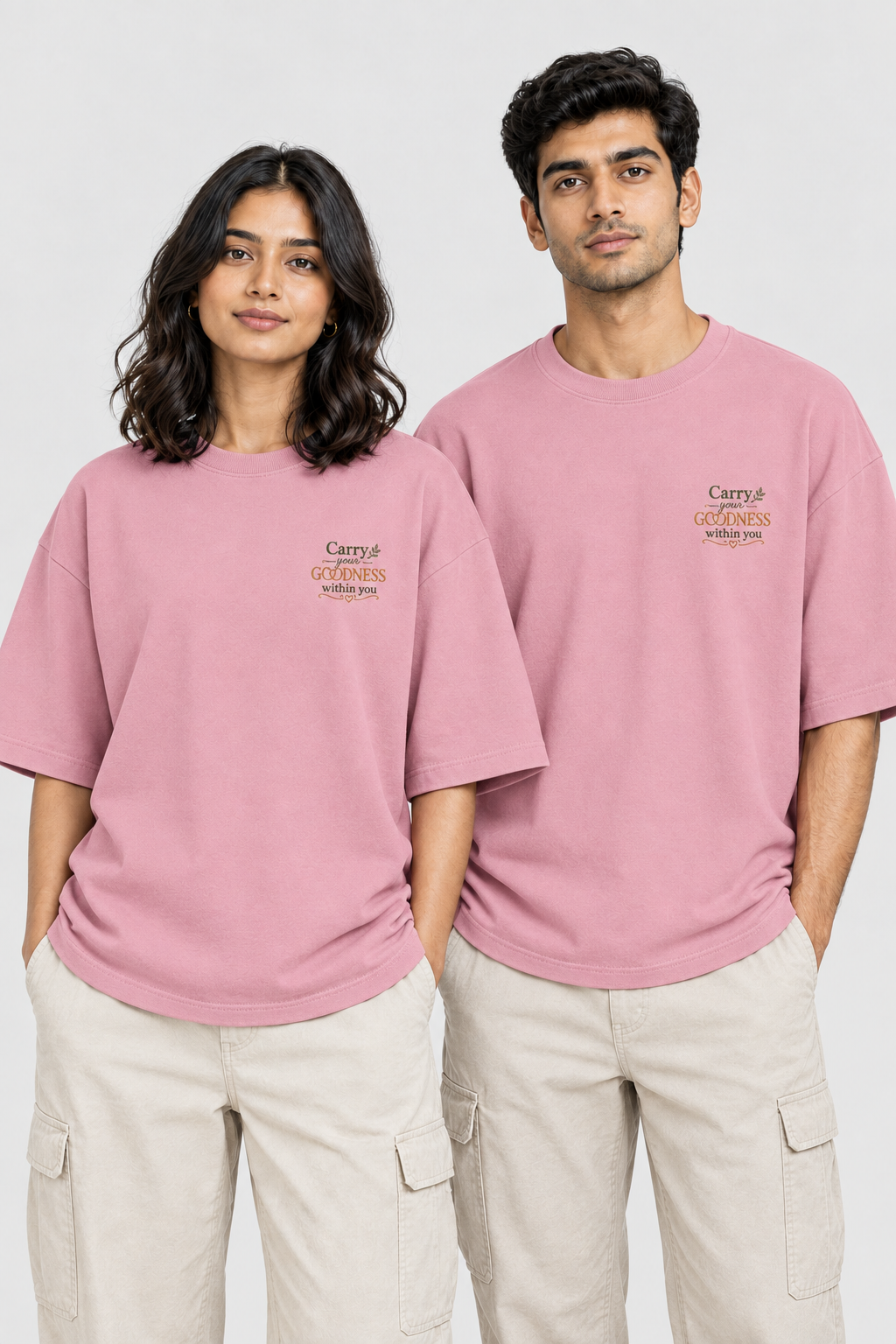 Unisex Frottee Oversized T-Shirt - Stickerei: Trage Deine Güte mit Dir