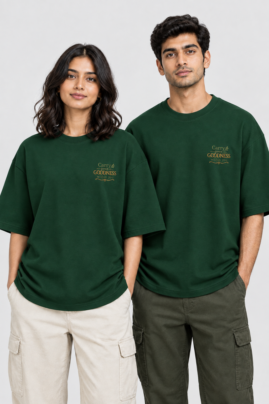 Unisex Frottee Oversized T-Shirt - Stickerei: Trage Deine Güte mit Dir