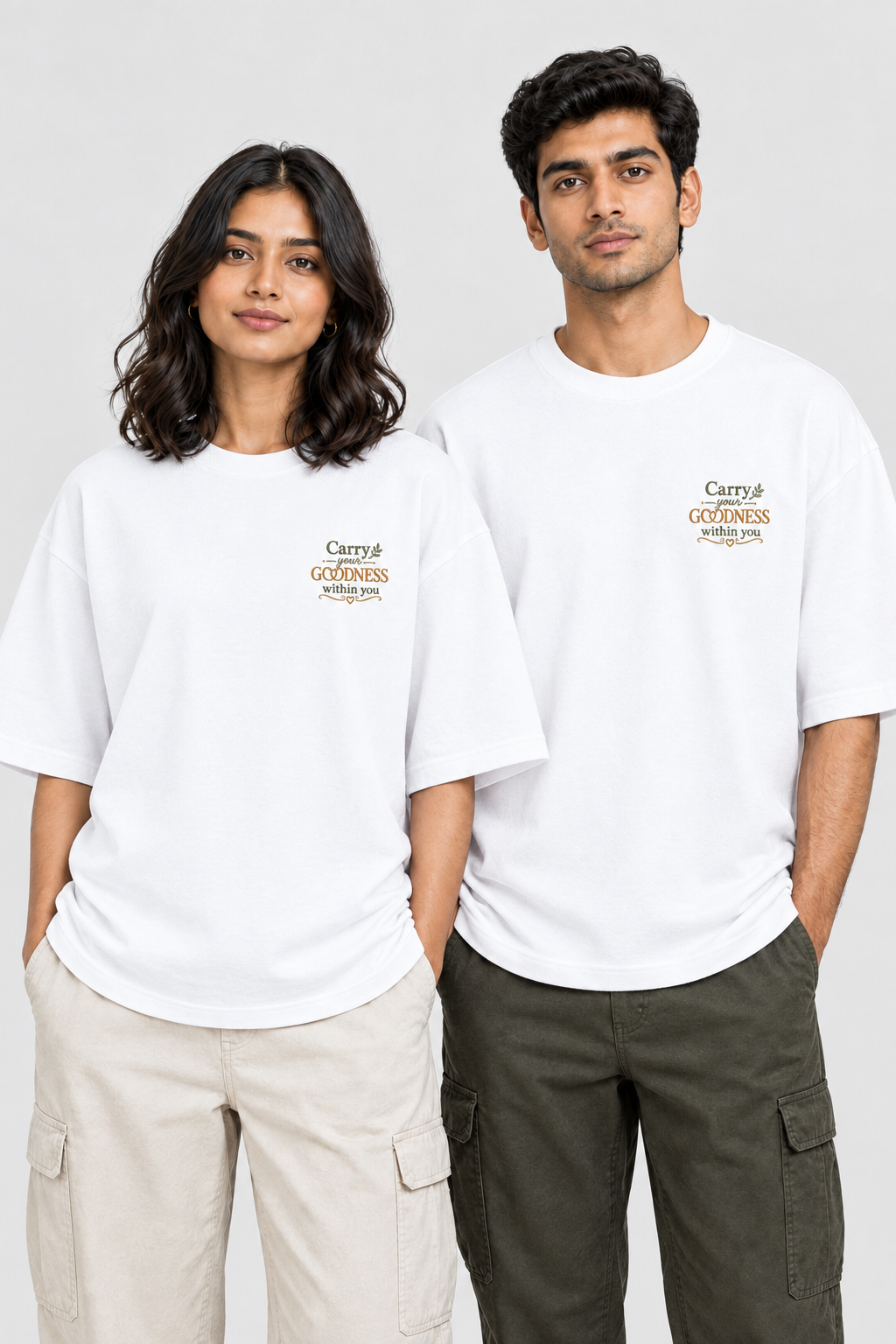 Unisex Frottee Oversized T-Shirt - Stickerei: Trage Deine Güte mit Dir