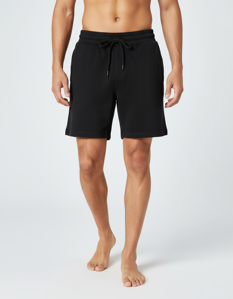 Euphor Bliss men's black terry shorts with an elastic drawstring waistband and relaxed fit on a model