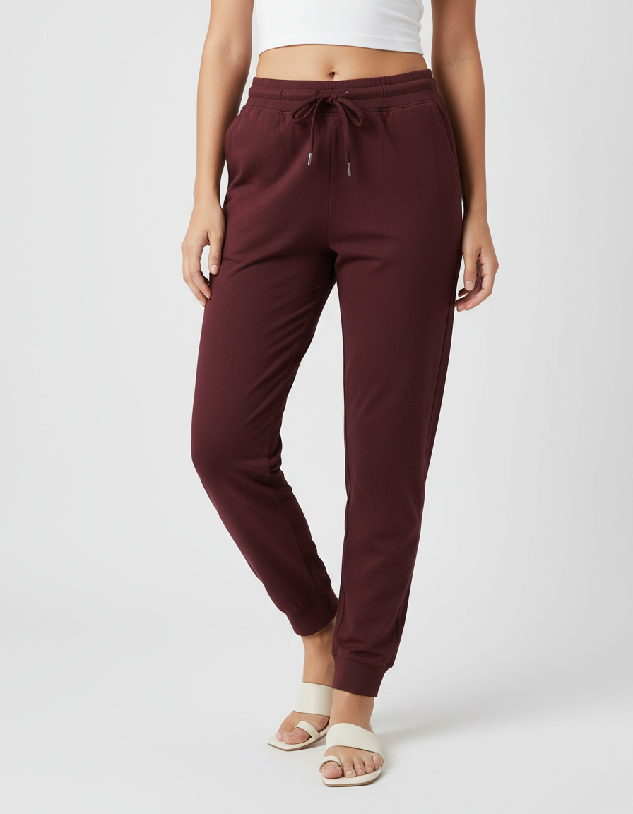 Euphor Bliss unisex joggers in deep burgundy cotton with a tapered fit, elastic drawstring waist, and ribbed cuffs.