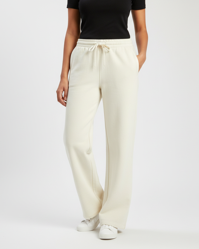 Euphor Bliss unisex cream sweatpants with a relaxed fit, drawstring waist, and pockets worn with a black t-shirt.