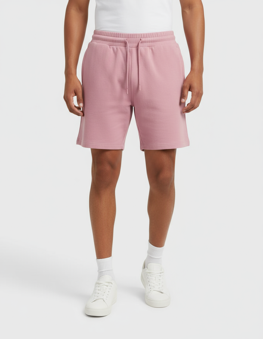 Euphor Bliss men's dusty pink terry shorts with an elastic drawstring waistband and side pockets on a model