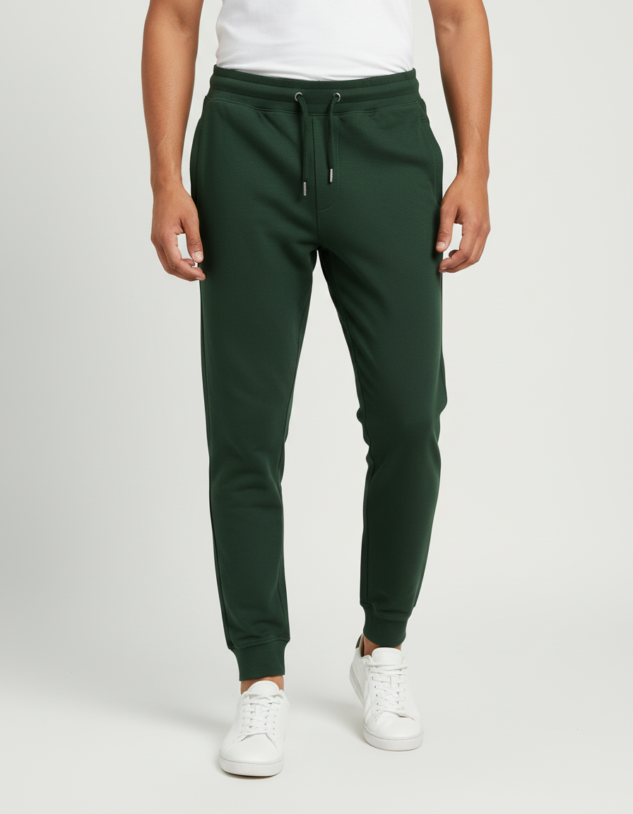Euphor Bliss unisex forest green cotton joggers with a tapered fit, elastic waistband, and ribbed ankle cuffs.