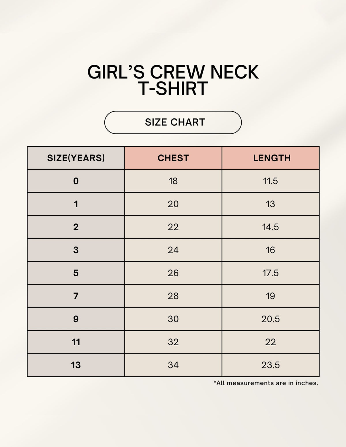 Euphor Bliss girl's crew neck t-shirt size chart showing chest and length measurements in inches for ages 0 to 13