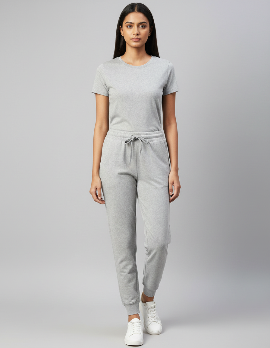 Euphor Bliss unisex grey cotton joggers with a tapered fit, ribbed cuffs, and drawstring waist worn by a model