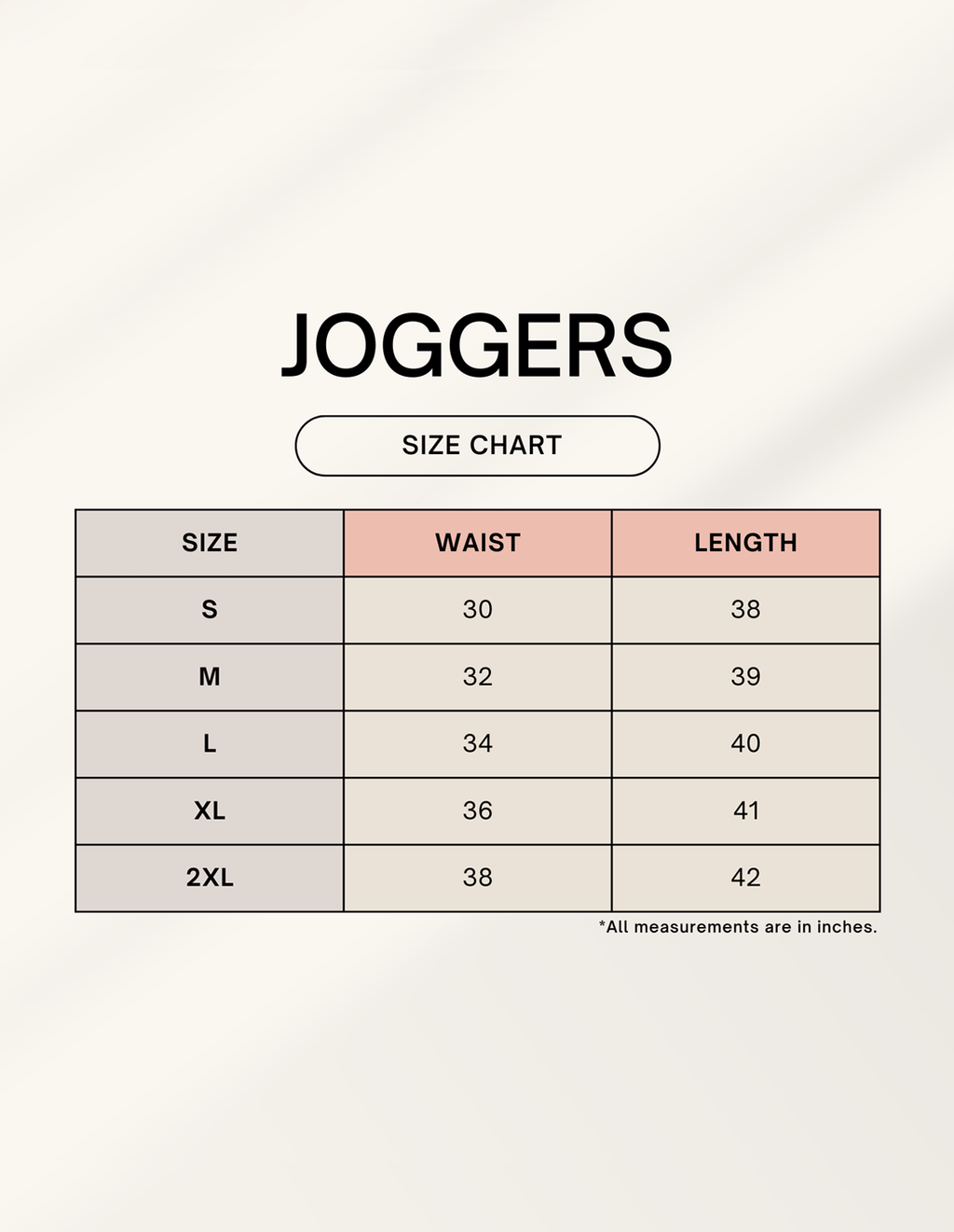 Euphor Bliss unisex joggers size chart showing waist and length measurements in inches for sizes S to 2XL.