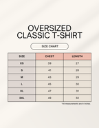 Euphor Bliss oversized classic t-shirt size chart with chest and length measurements in inches for sizes XS to 2XL