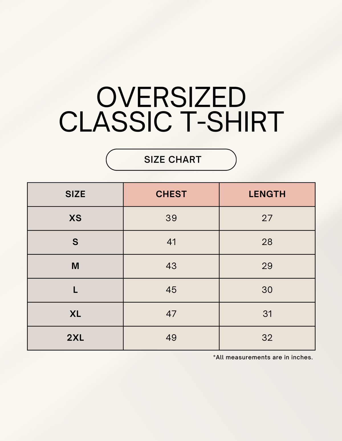 Euphor Bliss oversized classic t-shirt size chart with chest and length measurements in inches for sizes XS to 2XL