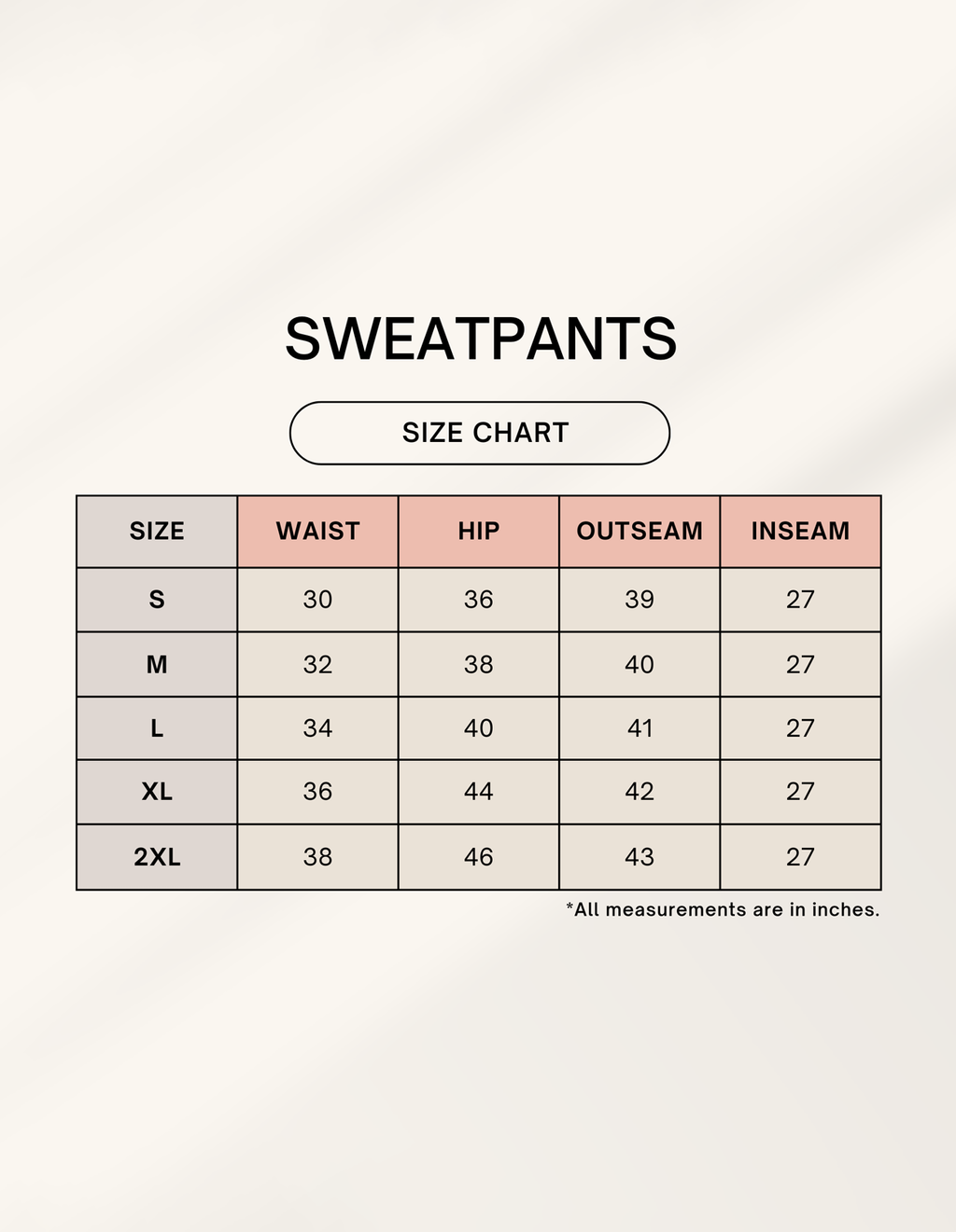 Euphor Bliss unisex sweatpants size chart showing waist, hip, outseam, and inseam measurements in inches.