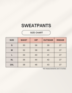 Euphor Bliss unisex sweatpants size chart showing waist, hip, outseam, and inseam measurements in inches.