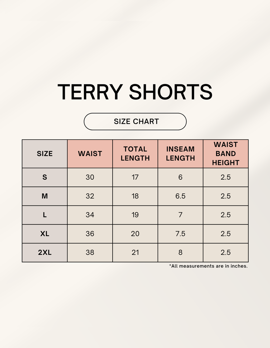Euphor Bliss terry shorts size chart showing waist, total length, inseam, and waistband height in inches