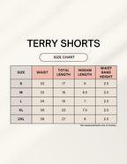 Euphor Bliss terry shorts size chart showing waist, total length, inseam, and waistband height in inches