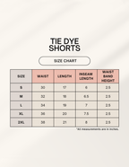 Euphor Bliss tie dye shorts size chart showing waist, length, inseam, and waistband measurements in inches for sizes S-XXL