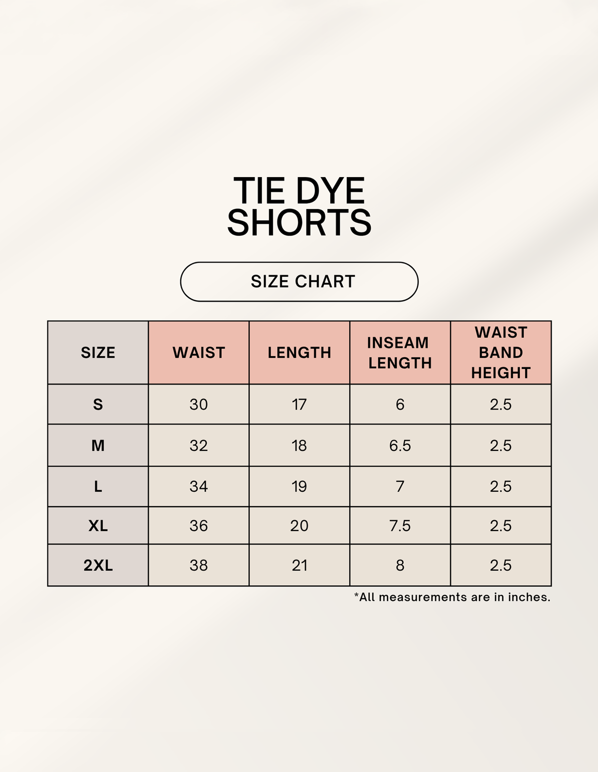 Euphor Bliss tie dye shorts size chart showing waist, length, inseam, and waistband measurements in inches for sizes S-XXL