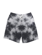 Euphor Bliss unisex relaxed fit tie-dye shorts in a white and black cotton-poly blend with a drawstring waist.