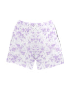 Euphor Bliss unisex relaxed fit tie-dye shorts in white and lavender cotton-poly blend with side pockets