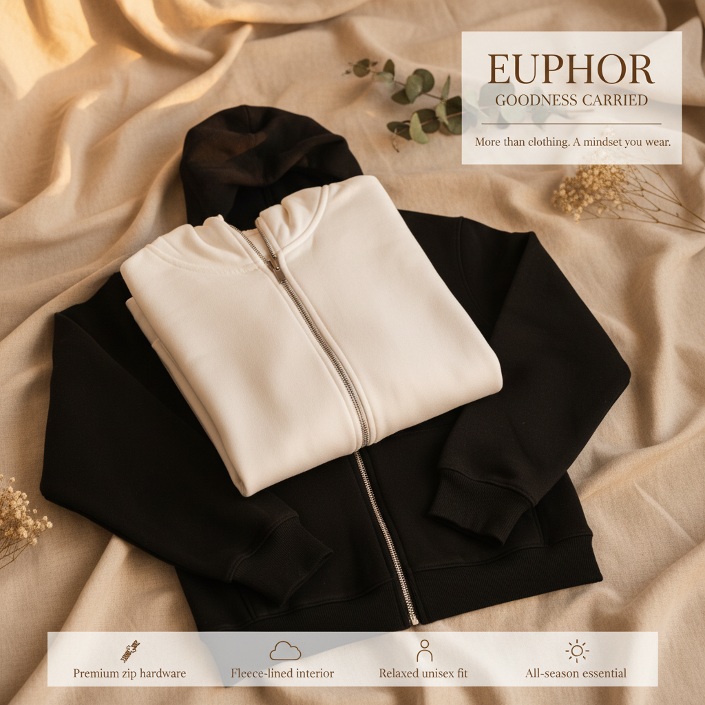 EUPHOR — Zip Hoodie Folded Stacked Flat Lay Cosy Banner
