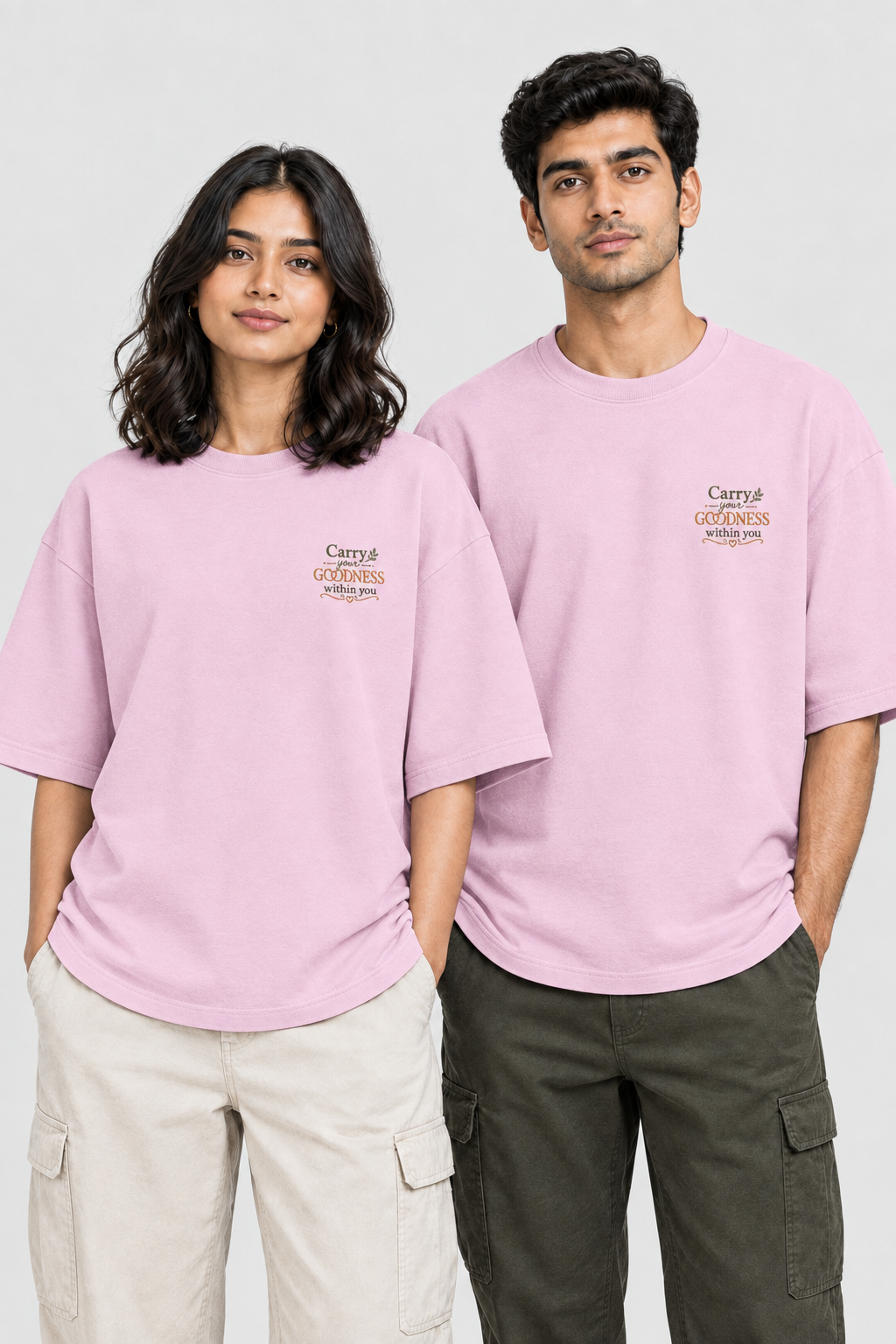 Unisex Frottee Oversized T-Shirt - Stickerei: Trage Deine Güte mit Dir