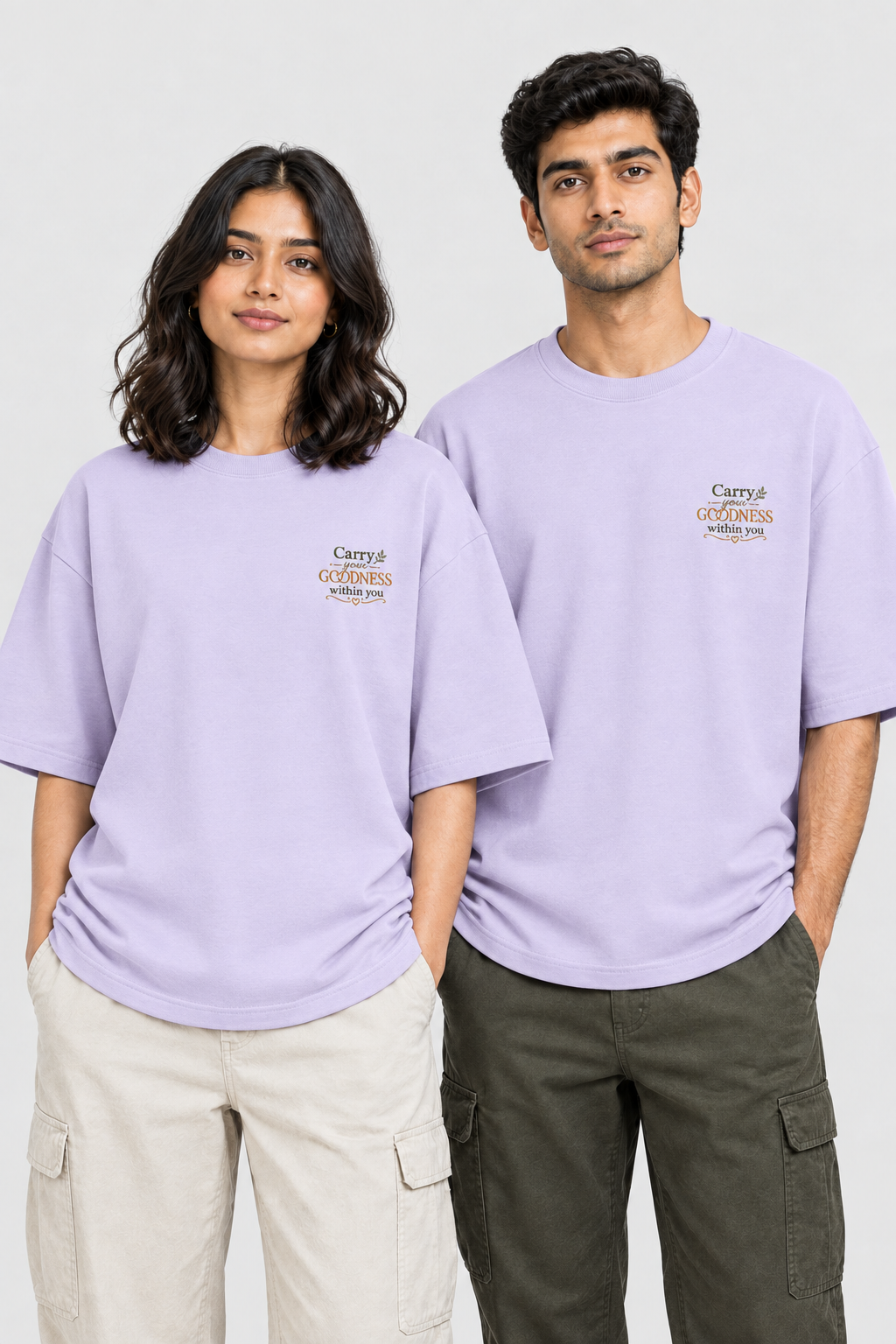 Unisex Frottee Oversized T-Shirt - Stickerei: Trage Deine Güte mit Dir