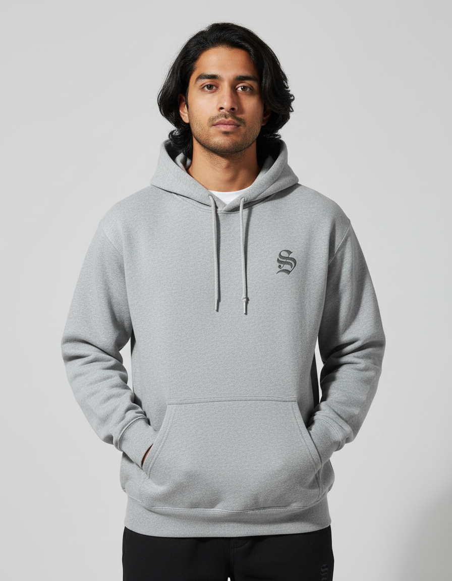 Grey Melange hoodie with grey S embroidery - Indian man