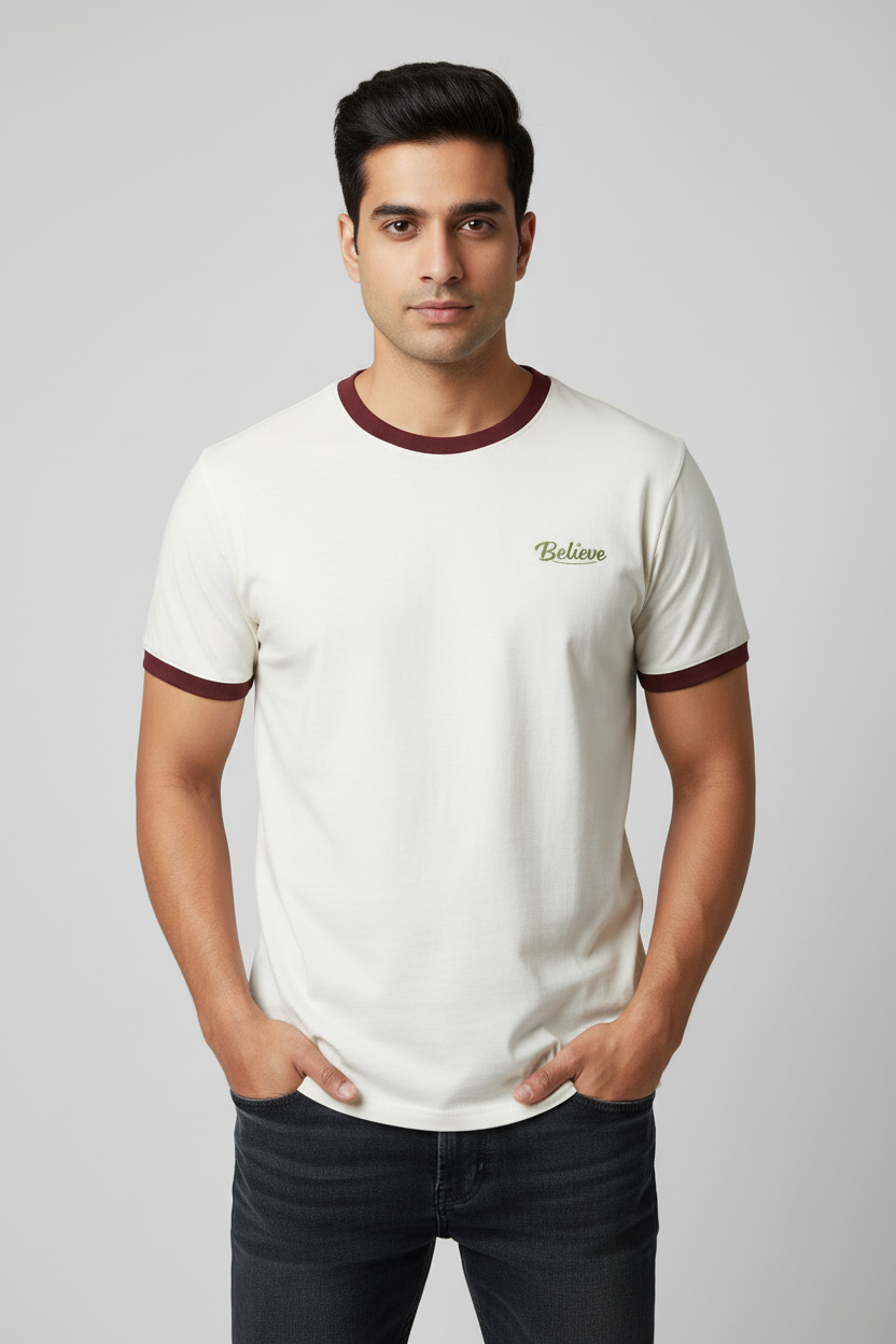 Indian Male Model - Maroon Off White Believe Ringer