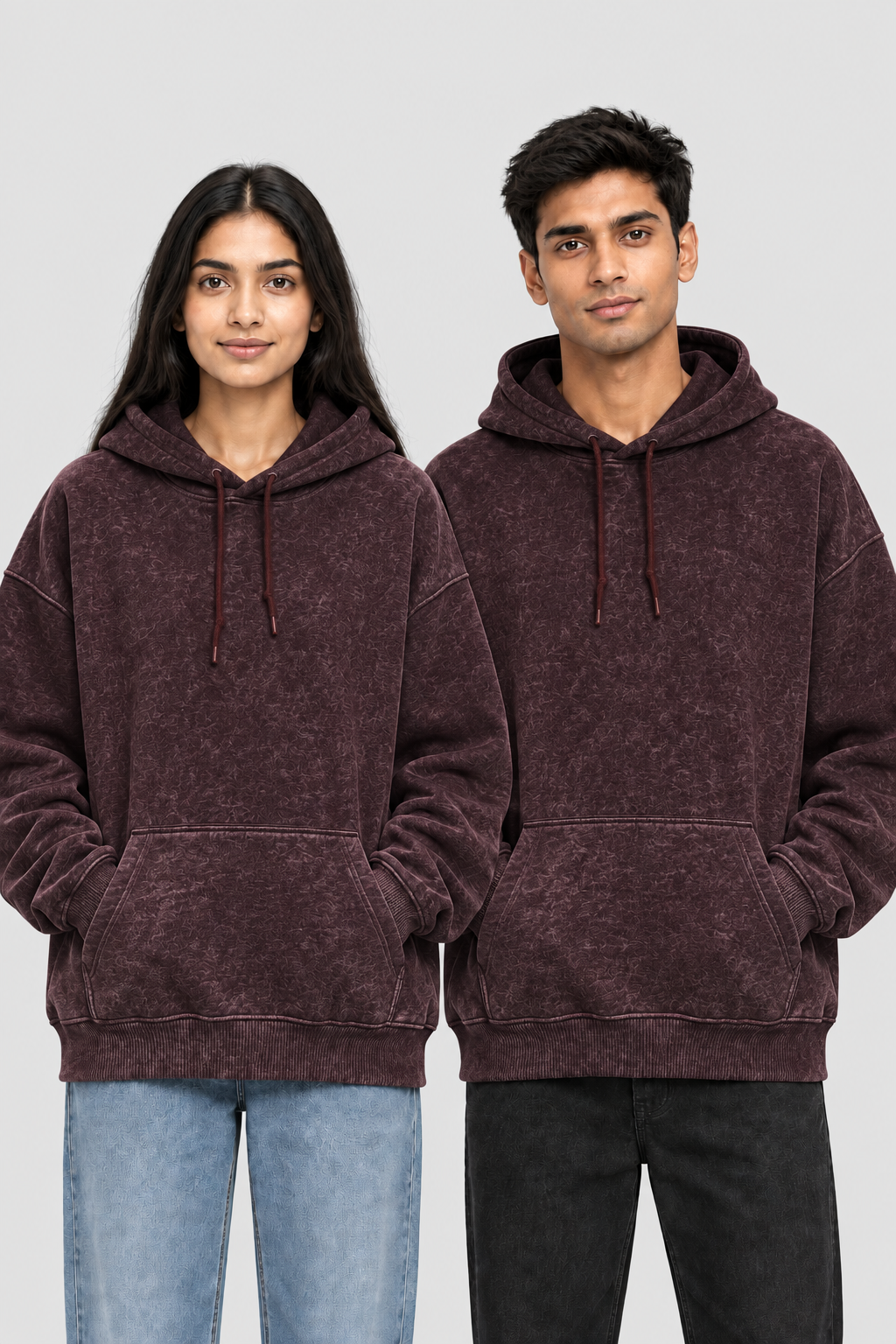 Maroon acid-wash hoodie, combined front view