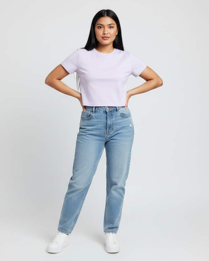 Model 1 - Age 22, round face, full cheeks, long straight hair - Landscape